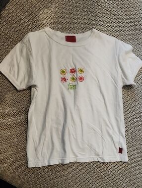 Kenzo Jungle White Short Sleeve Tee with Pink & Yellow Floral Embroidery